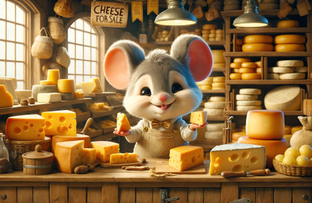 a delightful cartoon mouse operating a small cheese kioskの素材