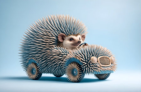 A hedgehog character driving a spiky carの素材