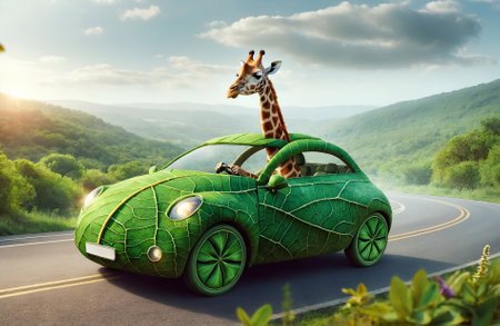 a giraffe character driving a car designed like a leafの素材
