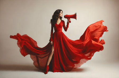 A woman holding a pink megaphoneの素材