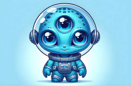 a cartoon character of an alien creature with three eyes and blue skin, wearing a space suitの素材