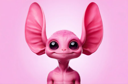 a cartoon character of a funny alien with a pink color and large earsの素材