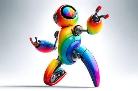a cartoon character robot with rainbow colors and extendable armsの素材