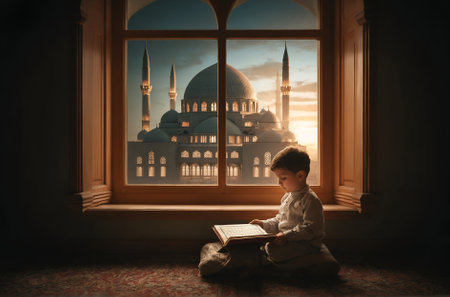 a young child reading the Quran beside a window with a view of a mosqueの素材