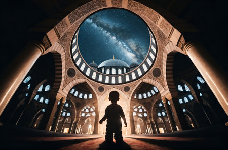 a child looking at a star-filled sky through the dome of a mosqueの素材