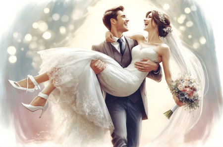 a groom joyfully carries his brideの素材