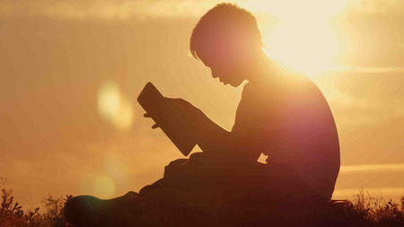 Man silhouette sitting under tree with tablet on cloudy day outdoorの写真素材