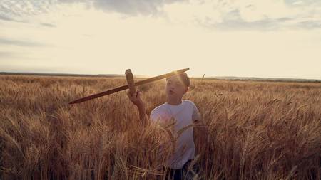 Happy child runs with a toy airplane on a sunset background over a wheat fieldの写真素材