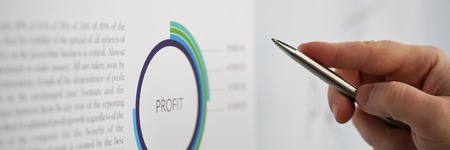 Male arm holding silver pen point in financial graph solving and discussing problem with colleague closeup. Situation examination at board council sale adviser job stock exchange market profitの写真素材