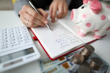 Close-up view of womans hand list families expenses for one month. Coins and banknotes laying on desktop near piggy-bank. Financial and economical conceptの写真素材