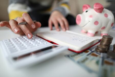 Close-up view of female sitting and checking financial situation. Piggy-bank and white calculator standing on table. Stacks of coins. Family budget conceptの写真素材