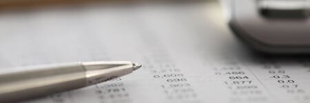 Close-up of silver pen lying on finance statement. Monthly summery with numbers in columns. Stats with increasing and decreasing data. Finance and economy conceptの写真素材
