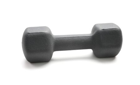 Grey coloured shiny metal dumbbell isolated over white background close-upの写真素材