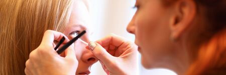 Female makeup artist works with eyes female model. Salon procedure, powder technology. Creates effect tinted eyebrows or pencils with shadows. Makeup technique is suitable for any skin typeの写真素材