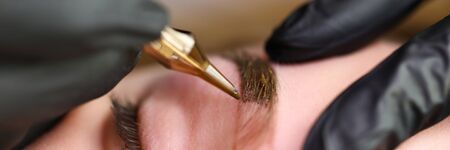 Close-up of professional makeup artist using golden tool and applying colour on eyebrow shape. Macro...
