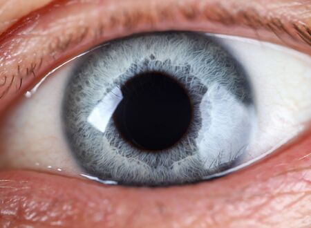 Male left blue grey coloured eye extreme closeup. Oculist and perfect vision contact lens correction beauty shadow makeup cosmetics mascara conceptの写真素材