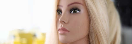 Close-up of female mannequin with long blonde hairstyle and makeup. False head for hairdresser training and practice. Beauty and plastic woman model. Salon conceptの写真素材