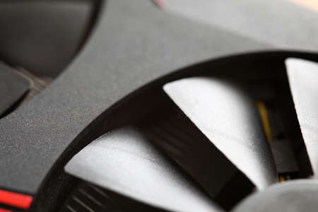 Close-up of computer cooler in details. Device or propeller to cool down temperature of device....