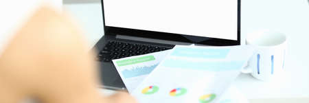 Close-up of modern computer with search page on screen. Business reports and papers on table....