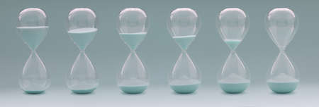Set of different states of hourglasses on turquoise background close-up