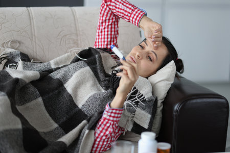 Woman with cold lying on sofa under covers and looking at thermometer. Isolation for respiratory diseases conceptの写真素材