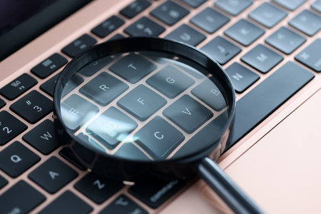 Magnifying glass on keyboard. Information search on internet conceptの写真素材