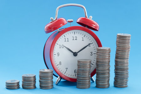 Red alarm clock and pyramid of coins. Time management in business concept