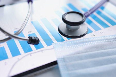 Stethoscope and a protective mask are on tablet. The number of cases of covid -19 conceptの写真素材