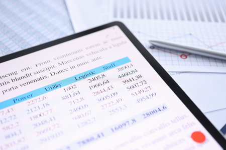 On tablet, the financial indicators of business in numbers. Small and medium business development conceptの写真素材