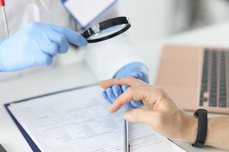 Doctor examines patients peeling finger through magnifying glass. Skin problems and solutions conceptの写真素材