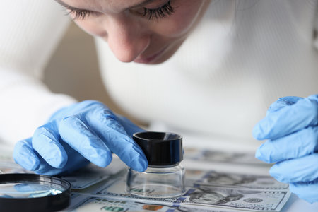 Woman in rubber gloves looking at dollar bills through magnifying glass. Counterfeiting money conceptの写真素材