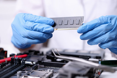 Technician hands in rubber gloves holding computers ram closeup. Laptop repair and maintenance...