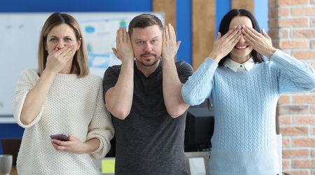 Man and women covering their mouths, eyes and ears with hands. Feel nothing concept