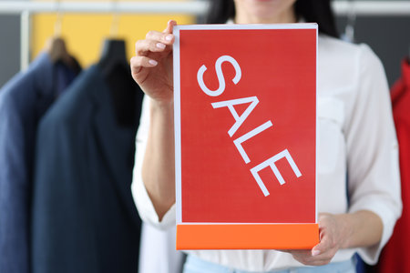Woman holding plate with inscription sale in clothing store closeup. Black Friday conceptの写真素材