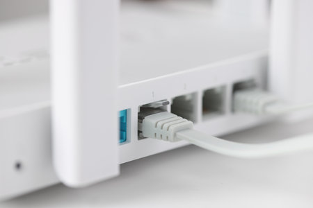 Network cable is plugged into socket of access point closeup