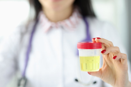 Doctor is holding transparent container with testsの写真素材