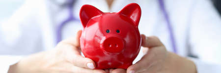 Doctor holds piggy bank in his handsの写真素材