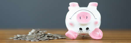 Coins and an upside down piggy bank lie on tableの写真素材