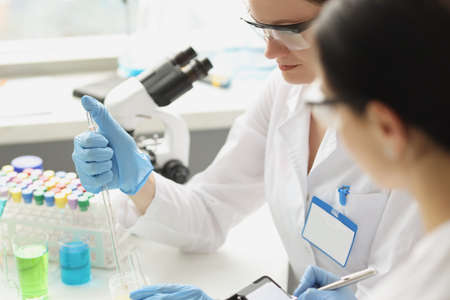 Two scientists conducting research in chemical laboratory