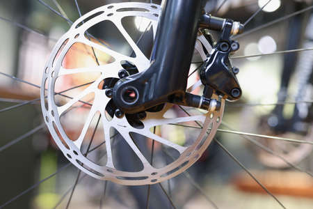 Bicycle disk brake rotor in focus closeup