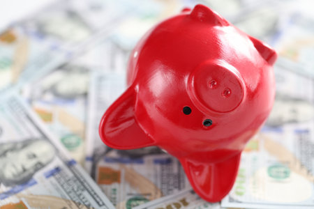 Inverted red piggy bank lies on one hundred dollar billsの写真素材