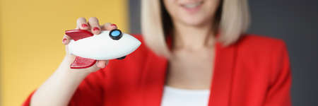 Businesswoman is holding globe and rocket closeupの写真素材