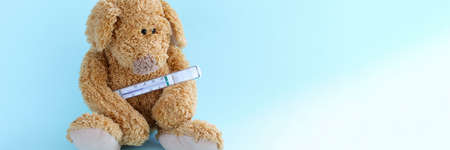 Children toy dog sits with medical thermometer closeupの写真素材