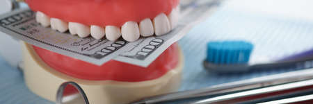 Artificial jaw mockup with money and dental instrument on table