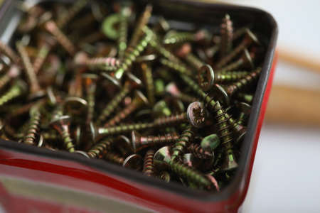 Many stainless self-tapping screws are in a box