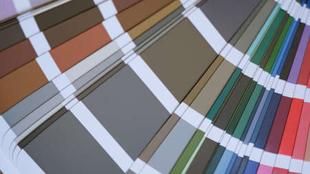 Fan with palette in bright multicolored color samples of various shades closeup background