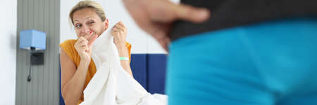 Woman shows small size of man penisの写真素材