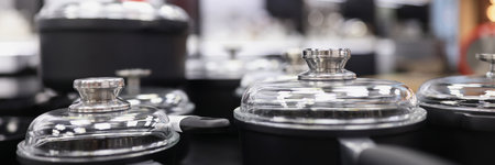 Set of pots and pans in store closeupの写真素材
