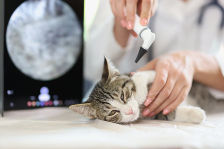 Examination of cat ear in veterinary clinicの写真素材