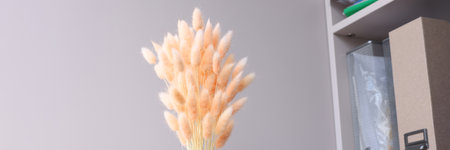 Pink flowers hare tails in blue vase closeupの写真素材